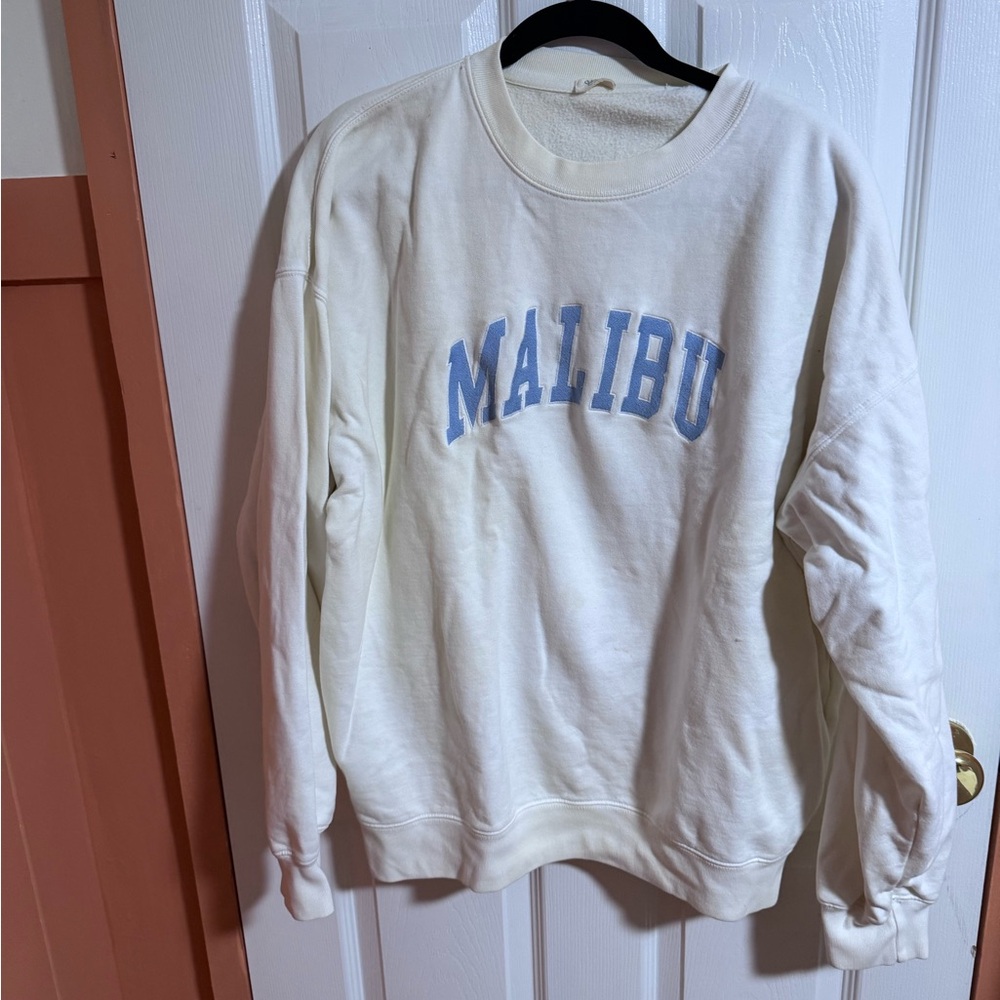 Brandy Melville Cream "Malibu" Crewneck Sweatshirt with Light Blue Logo